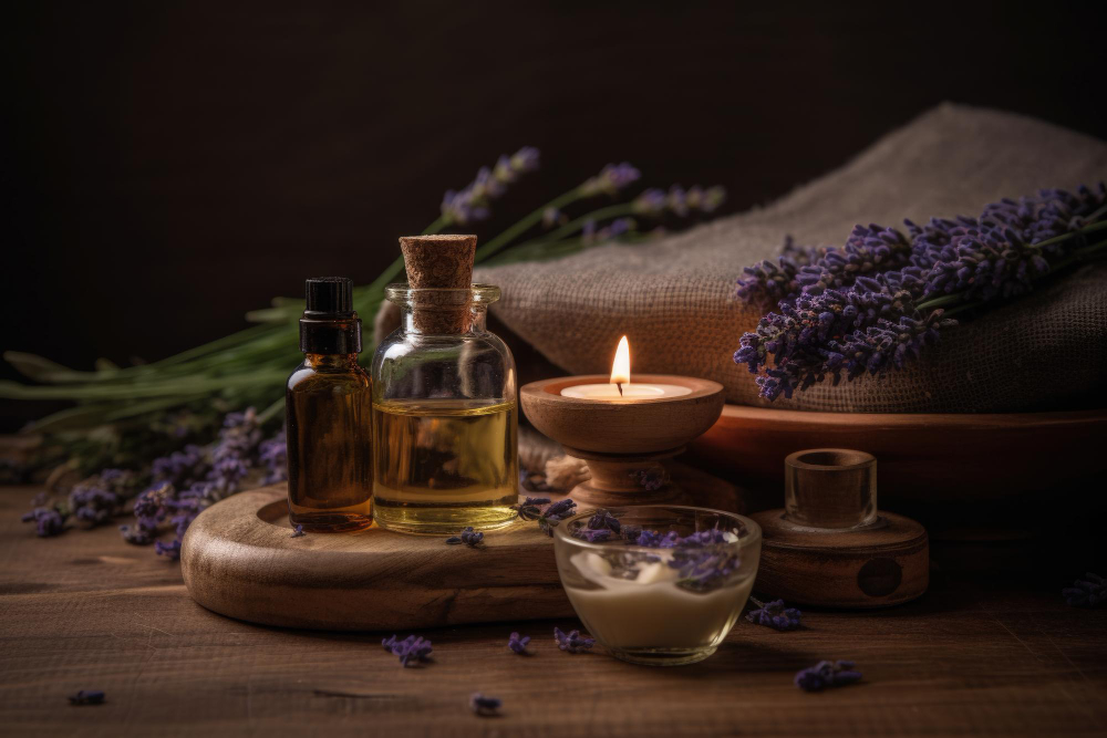 Generative AI image of a lavender oil bottle and candle on a wooden table