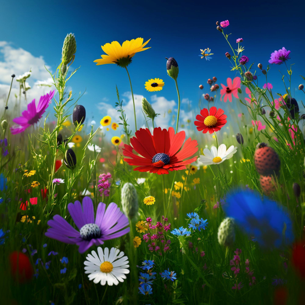 Colorful flower meadow in spring, vibrant nature scene