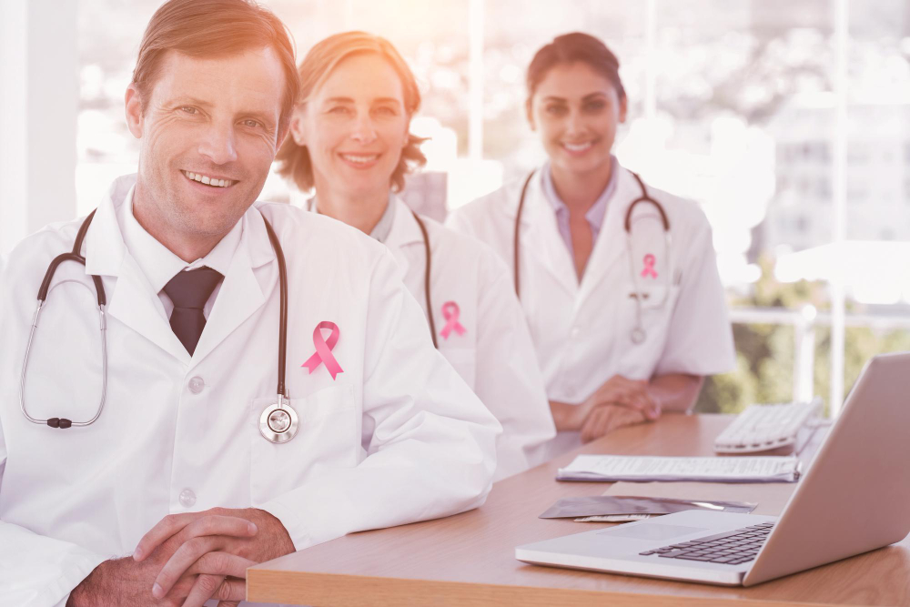 Composite image showing a breast cancer awareness ribbon